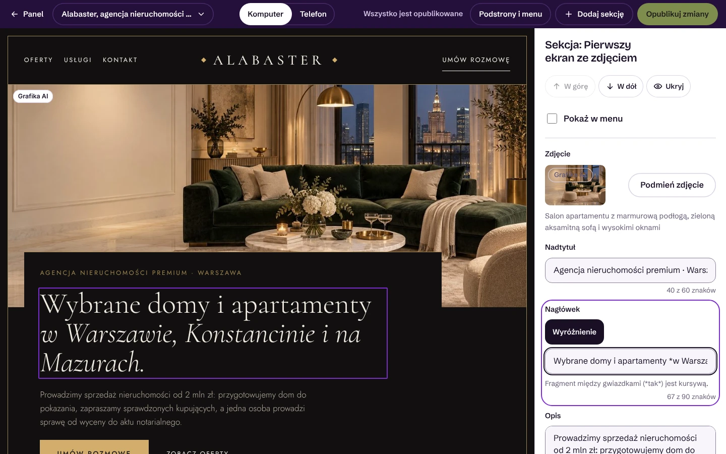 Edytor panelu Stronomii z otwartą stroną główną przykładowej strony Alabaster: podgląd strony i pola do zmiany tekstów i zdjęć