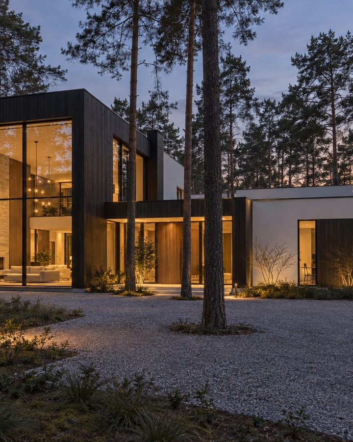 Nowoczesna willa wśród sosen o zmierzchu, z podświetlonymi przeszkleniami
